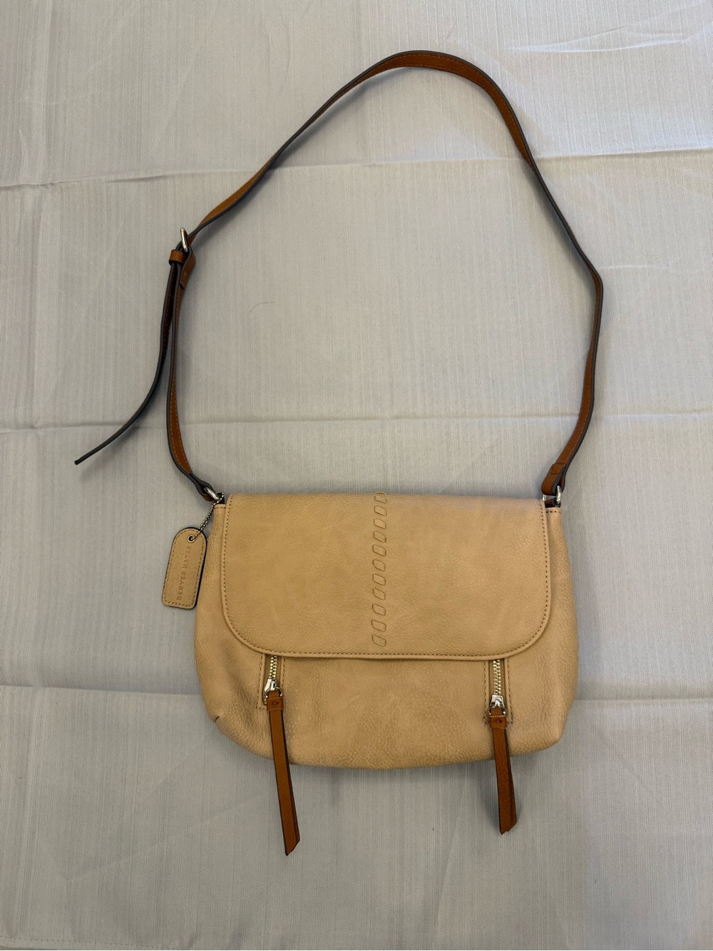 Denver Hayes Beige Leather Crossbody with Tan Adjustable Strap